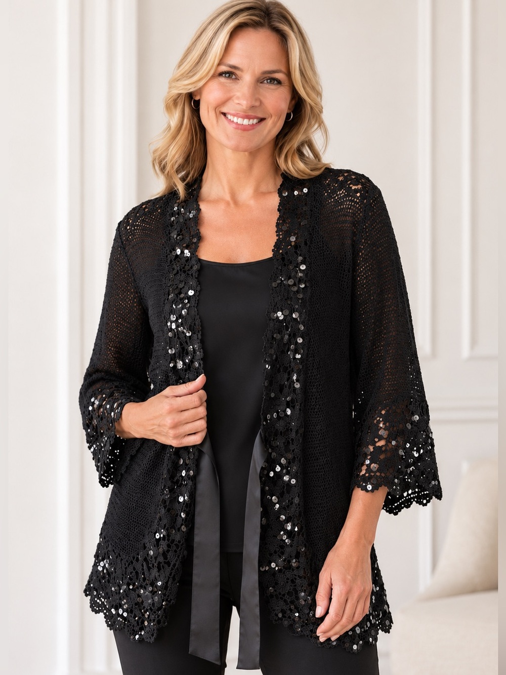 MICHAEL SIMON Black Crochet Sequin Cardigan 3XL Satin Tie Whimsygoth 90s